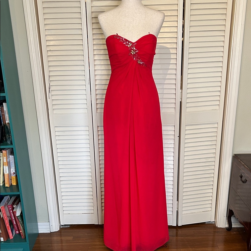 Red Strapless Evening Gown with Crystal Accent